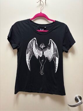French Connection Black Tee with White Angel Wing Graphic
